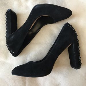 Black suede block heels